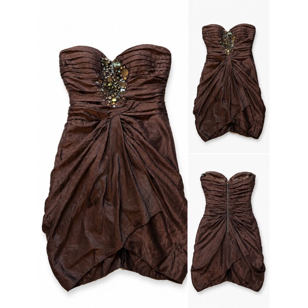 Vintage Y2K Bebe Strapless Silk Ruched Mini Dress Brown Bead Embellished